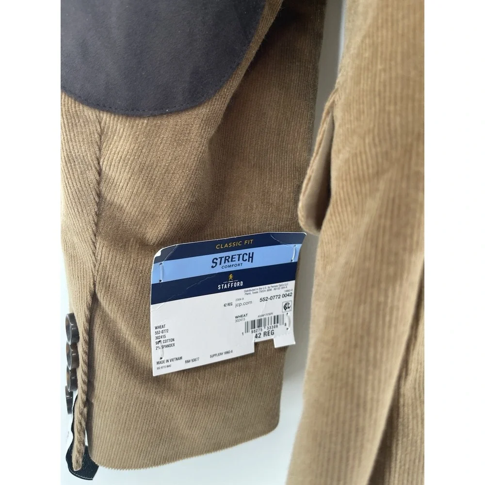 Stafford-Corduroy Stretch Classic Elbow Patch Sport  Coat Jacket 42 Reg Biege